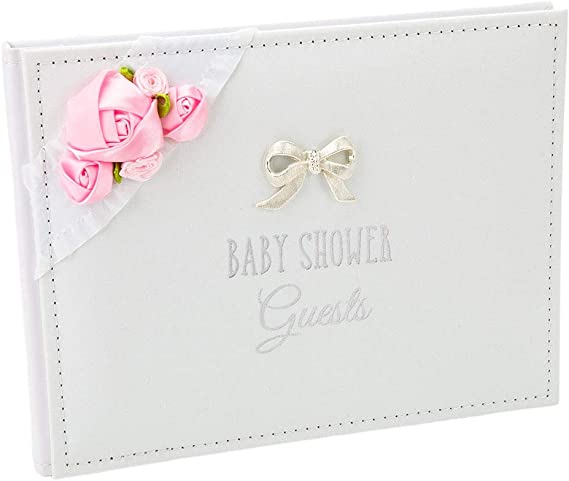 Photo 1 of Happy Homewares Beautiful Baby Shower Guest Book with Pink Faux-Silk Roses and Silver Metal Double Bow Inner Pages Read Family & Friends to Write
