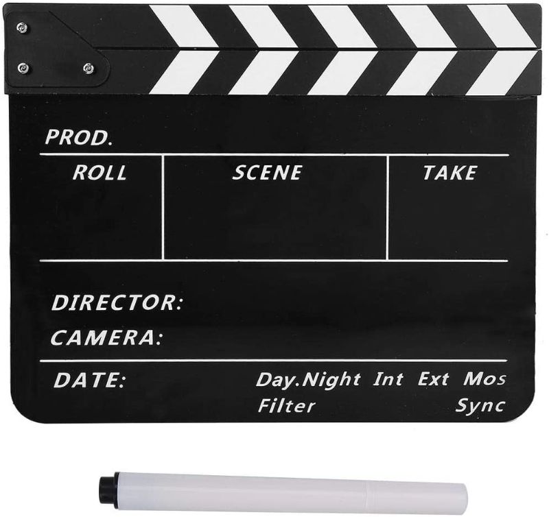 Photo 1 of Acrylic Director Scene Clapboard Director's Film Clapboard TV Movie Action Board Film Cut Prop with Pen, Easy Wipe Cut Action Scene Clap Board Slate for Shoot Props/Advertisement(Black/White)