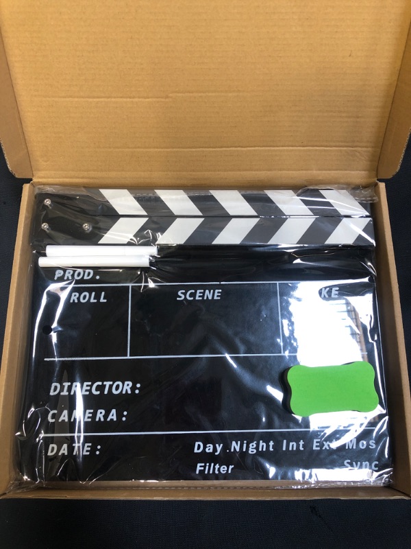 Photo 2 of Acrylic Director Scene Clapboard Director's Film Clapboard TV Movie Action Board Film Cut Prop with Pen, Easy Wipe Cut Action Scene Clap Board Slate for Shoot Props/Advertisement(Black/White)