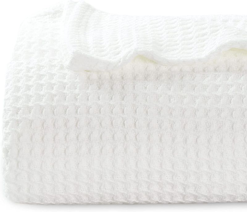 Photo 1 of Bedsure 100% Cotton Blankets King Size - White 405GSM Waffle Weave Soft Lightweight Thermal King Size Blanket for Bed, 104x90 inches