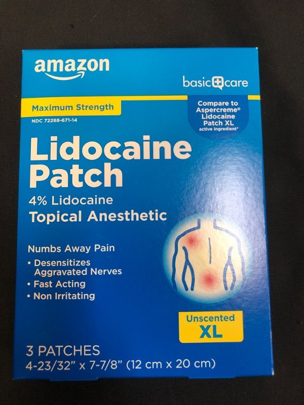 Photo 3 of Amazon Basic Care Lidocaine Patch, 4% Topical Anesthetic, 12 cm x 20 cm, Maximum Strength Pain Relief Patch, Fragrance Free, 2 BOX 6 PATCHES TOTAL  EXP 11/2022