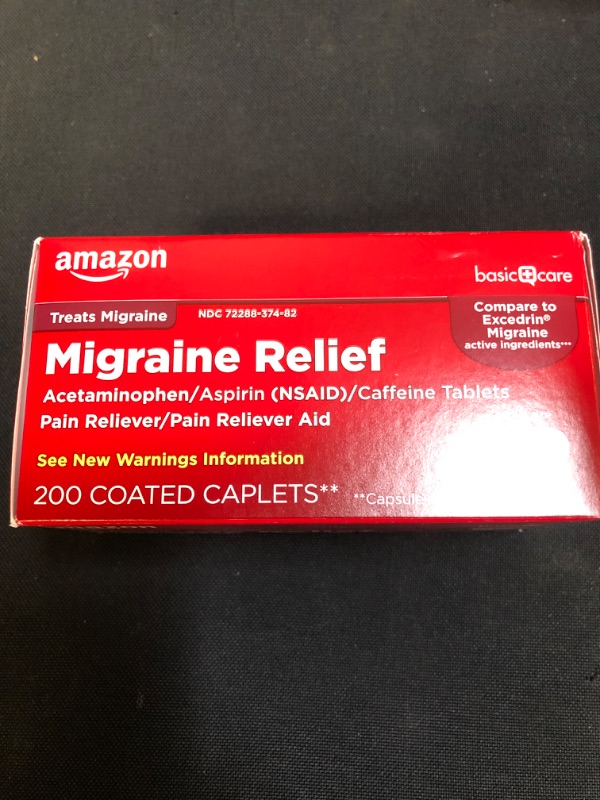 Photo 2 of Amazon Basic Care Migraine Relief, Acetaminophen, Aspirin (NSAID) and Caffeine Tablets, 200 Count  EXP 3/2023