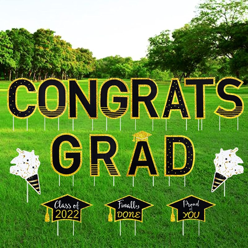 Photo 1 of 2022 Large Graduation Yard Signs with Stakes - 17PCS Black and Gold Congrats GRAD Class of 2022 Lawn Signs, Photo Props, Outdoor Party Congrats Graduation Decoration