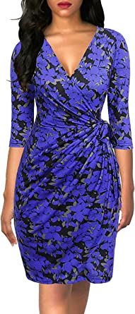 Photo 1 of Berydress Women's Classic 3/4 Sleeve V Neck Sheath Casual Party Work Faux Black Wrap Dress