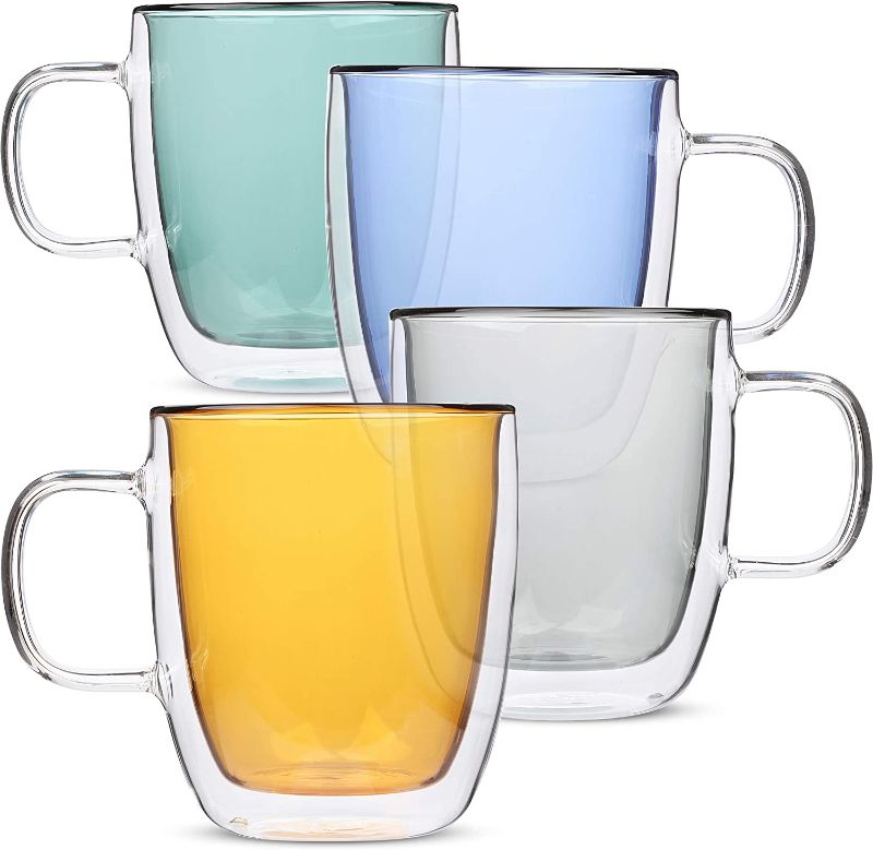 Photo 1 of Colored Double Walled Glass Coffee Mugs, Set of 4 (12oz, 350ml), Assorted Colors, Colorful Coffee Cups, Insulated Coffee Mug, Double Wall Glass Coffee Cups, Tea Cups, Latte Cup, Glass Coffee Mug