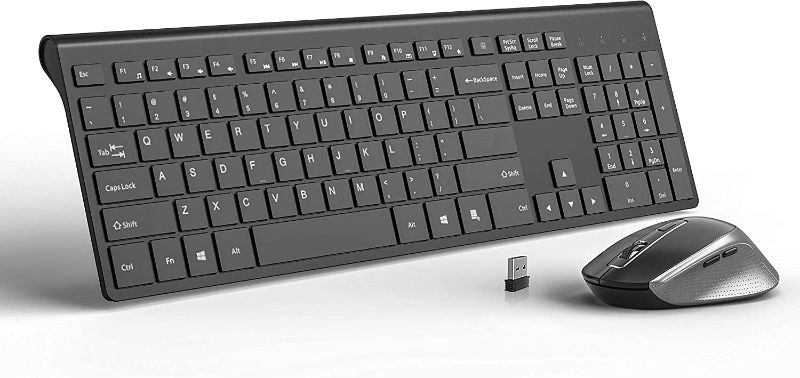 Photo 1 of Wireless Keyboard and Mouse, J JOYACCESS 2.4G USB Ultra Slim Full Size Ergonomic Rechargeable Keyboard and Slient Cordless Mouse with Back/Forward Buttons for Mac/Windows/Laptop/Desktop - Black
