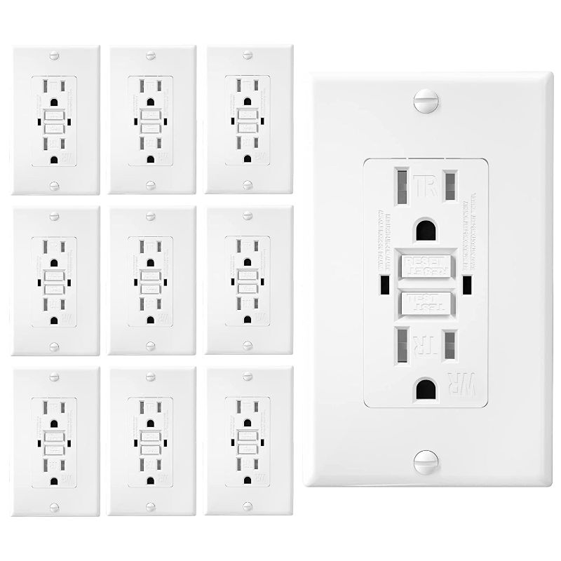 Photo 1 of 10 Pack - GFCI Duplex Outlet Receptacle, Tamper Resistant & Weather Resistant 15-Amp/125-Volt, Self-Test Function with LED Indicator, UL Listed, cUL Listed, Wall Plate and Screws Included, 10 Pack
