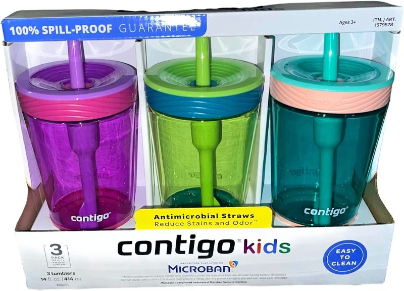 Photo 1 of Contigo Spill-Proof Kids Tumbler, 3-Pack, Pink, Green, Aqua, Comes with Customized Bryant Supplies, LLC Pen
