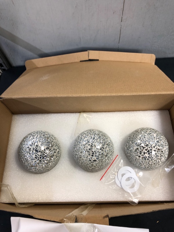 Photo 3 of 12.4” Mosaic Glass Decorative Tray Dish Plate with 3pcs 3" Decorative Orbs Balls Sphere Decor for Living Room or Dining Table Coffee Table Mantle Decor Centerpiece (Silver)
