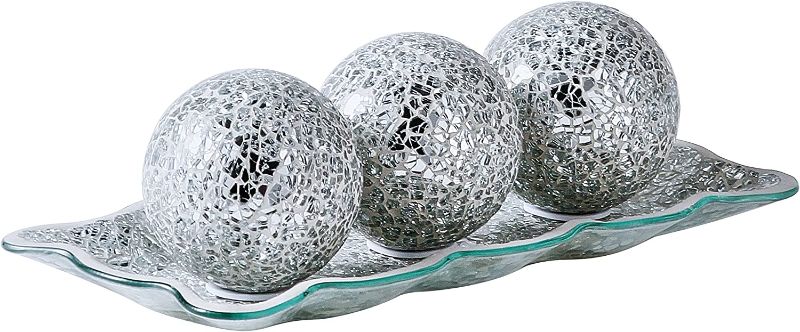 Photo 1 of 12.4” Mosaic Glass Decorative Tray Dish Plate with 3pcs 3" Decorative Orbs Balls Sphere Decor for Living Room or Dining Table Coffee Table Mantle Decor Centerpiece (Silver)
