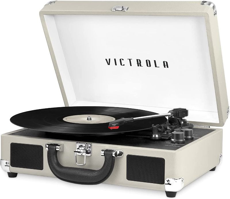 Photo 1 of Victrola Vintage 3-Speed Bluetooth Portable Suitcase Record Player with Built-in Speakers | Upgraded Turntable Audio Sound| Includes Extra Stylus | Light Grey
