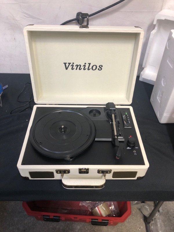 Photo 2 of Victrola Vintage 3-Speed Bluetooth Portable Suitcase Record Player with Built-in Speakers | Upgraded Turntable Audio Sound| Includes Extra Stylus | Light Grey
