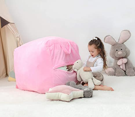 Photo 3 of Kids Stuffed Animal Storage Bean Bag Chair Cover | 24”x24”x20 Extra Soft Velvet Plush Toys Holder and Organizer | Decorative Room Organization for Soft Toy, Pillow, Blanket | Cover Only (Unicorn)