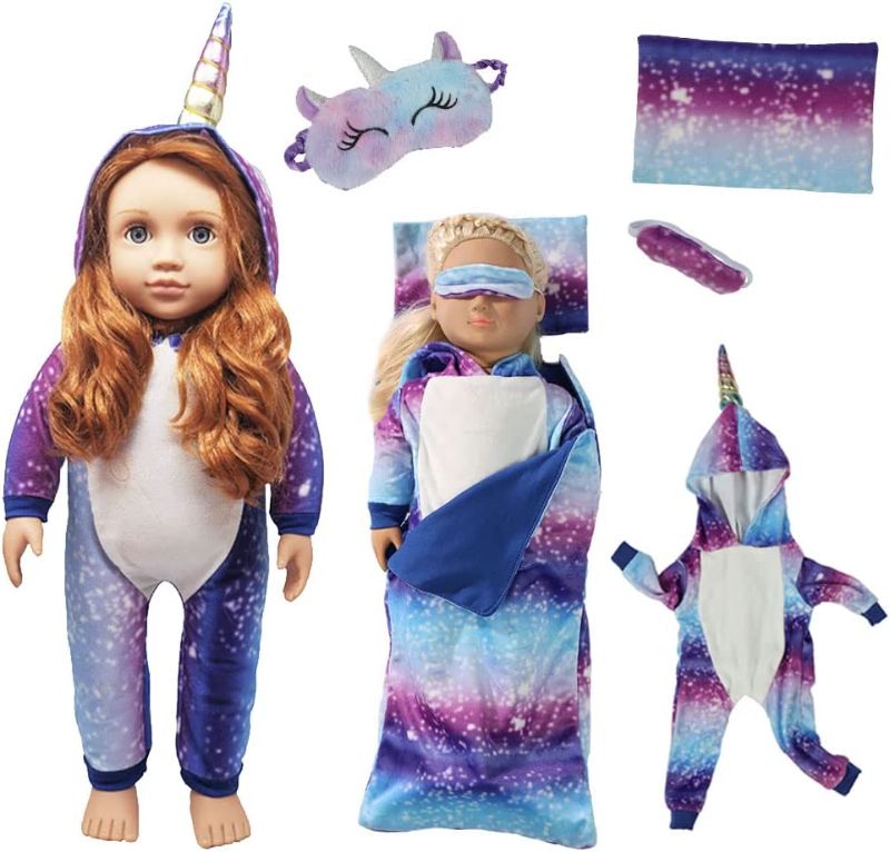 Photo 1 of TYZEST American 18 inch Girl Doll Clothes and Doll Sleeping Bag Set- Unicorn Doll Costume with Rainbow Style Sleeping Bag, Pillow, Eye Mask Slumber Party Accessories Fits American 18 Inch Girl Doll