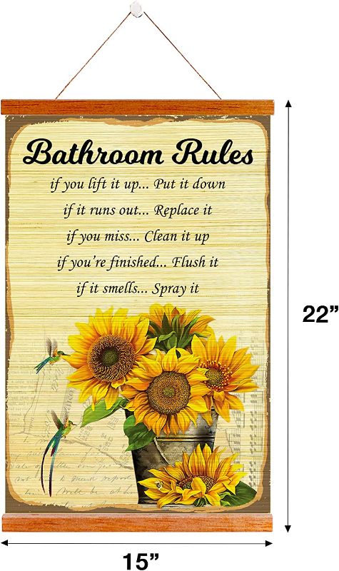 Photo 1 of Bathroom Rules Sign, Funny Wall Decor | Sunflower Hummingbird Farmhouse Vintage Letter Toilet Decorations Restroom, Family Rules | Framed Bamboo Blinds | Vintage Bamboo Scroll for Home Decor