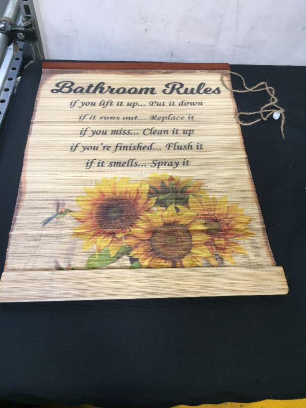 Photo 2 of Bathroom Rules Sign, Funny Wall Decor | Sunflower Hummingbird Farmhouse Vintage Letter Toilet Decorations Restroom, Family Rules | Framed Bamboo Blinds | Vintage Bamboo Scroll for Home Decor