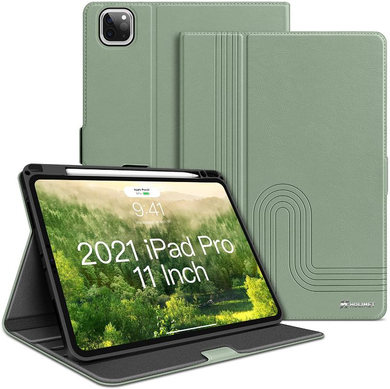 Photo 1 of iPad Pro 11 inch Case 2021/2020/2018 Vegan Leather with Pencil Holder Auto Sleep/Wake Soft TPU Back Shockproof Smart Cover for iPad Pro 11 3rd/2nd/1st Generation, Green
