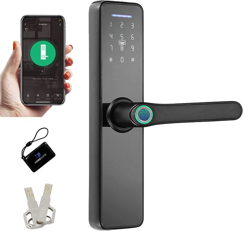 Photo 1 of CoreSure Smart Keyless Entry Door Lock - Fingerprint Electronic Deadbolt Door Lock, Auto Locking, Biometric Smart Door Lock and Password Card - Compatible with Tuya Smart Home App for Remote Access
