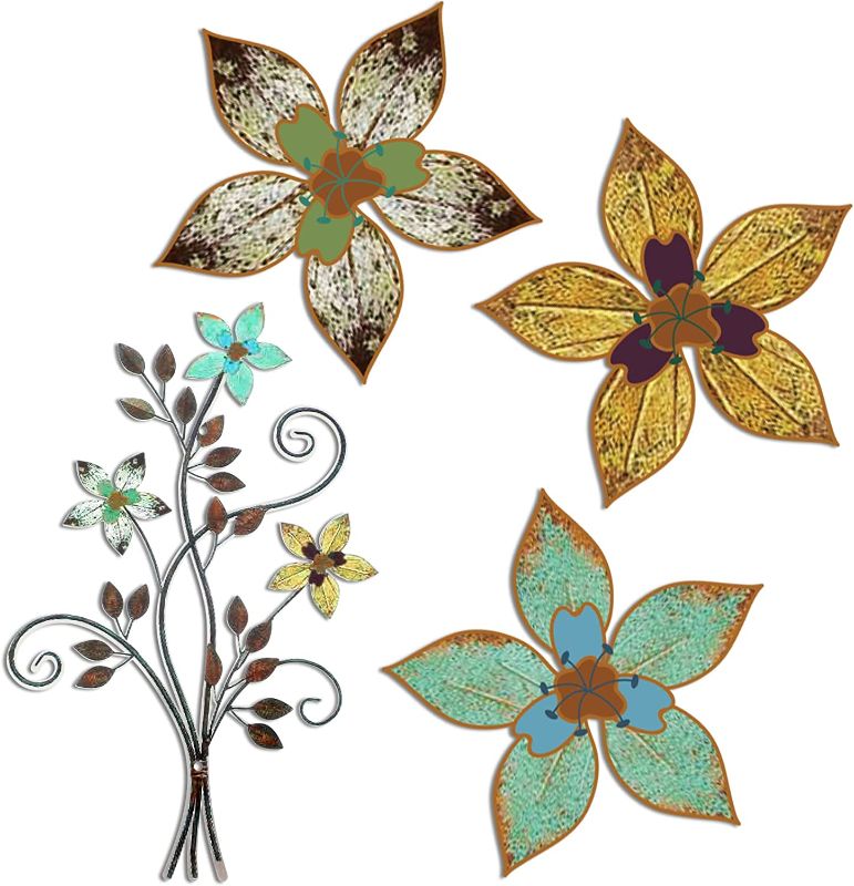 Photo 1 of 4 Pieces Metal Flowers Wall Decor Metal Wall Art Flowers Hanging Decor Rustic Tricolor Flowers Vintage Bedroom Wall Decor for Home Living Room Kitchen Garden, 12.05 x 10.08 x 0.71 Inches
--- factory sealed ---- 
