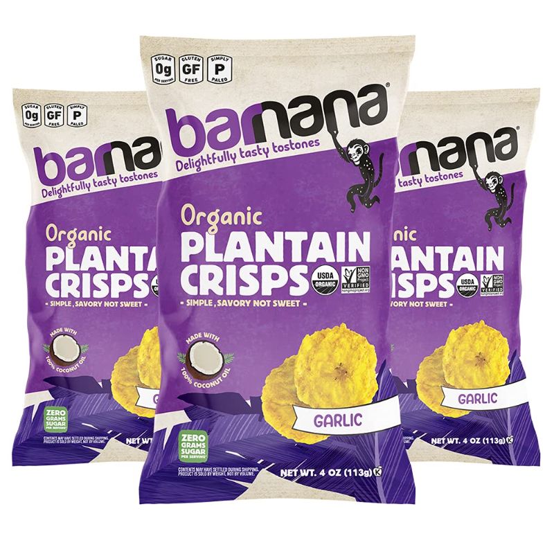 Photo 1 of Barnana Organic Plantain Crisps, Garlic, 4 Ounce Bag (Pack of 3)
--- bb 8/8/2022