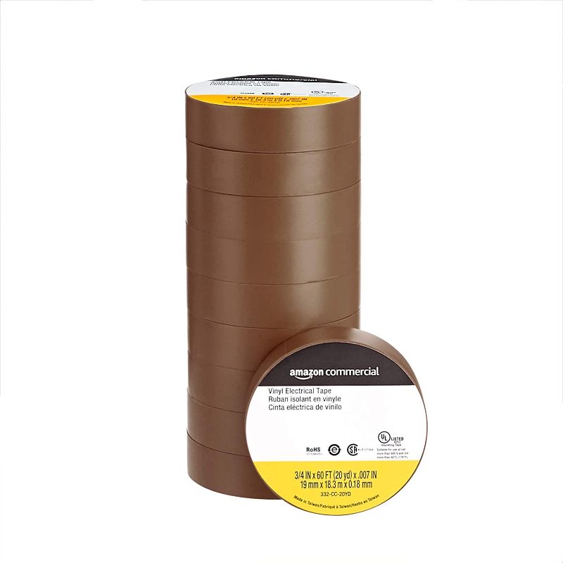 Photo 1 of AmazonCommercial Vinyl Electrical Tape, 3/4 in x 60 ft x 0.007in (19 mm x 18.3 m x 0.18mm), Brown, 10-Pack
--- factory sealed ---- 