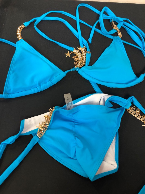 Photo 1 of BEACH BLUE TRIANGLE RHINESTONE TOP BRAZILIAN BIKINI TWO PIECE SWIMSUIT SIZE M 