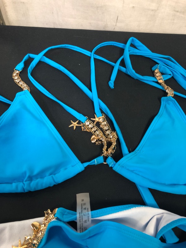 Photo 2 of BEACH BLUE TRIANGLE RHINESTONE TOP BRAZILIAN BIKINI TWO PIECE SWIMSUIT SIZE M 