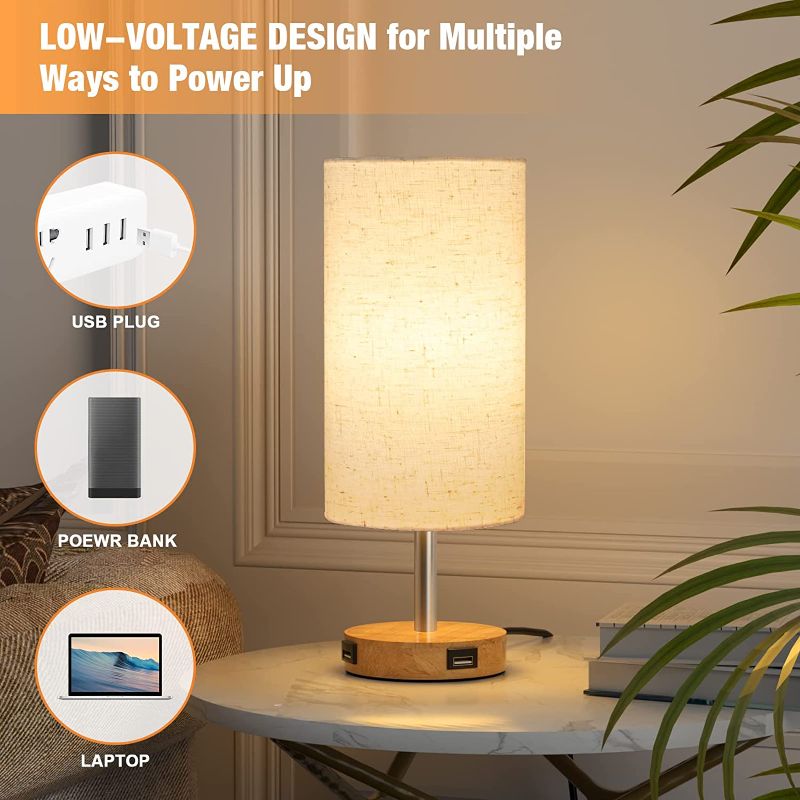 Photo 1 of  Lamp with USB Ports for Bedroom - Doowo Small Dimmable Table Lamps for Nightstand,Dorm,Kids Room,Office,Wood Round Touchable Base Beige Linen (Dimmable LED Bulb Included)