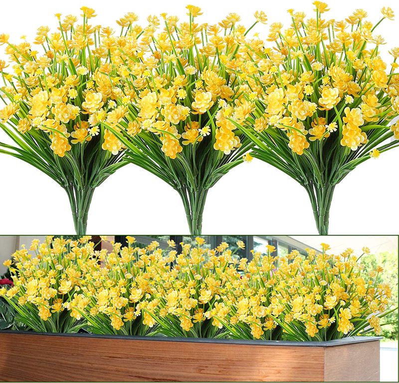 Photo 1 of 24pcs Artificial Flowers for Outdoors Plastic UV Resistant Shrubs Plants for Garden Wedding Farmhouse Indoor Outdoor Decor (Yellow)