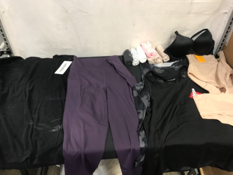 Photo 1 of BAG LOT OF WOMENS CLOTHING SIZE M SHIRT, LEGGINGS, UNDERWEAR  (BLACK LONG SLEEVE HAS WHITE STAINS) --- SOLD AS IS ----