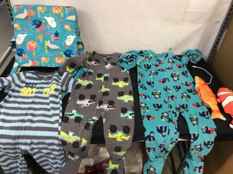 Photo 1 of BAG LOT OF KIDS ITEMS- 3 PIECE ONESIES SIZE 3T, TODDLER BOOSTER SEAT DINING (HAS STAINS), TWO ELECTRIC SOFT FISH 
--- SOLD AS IS ----