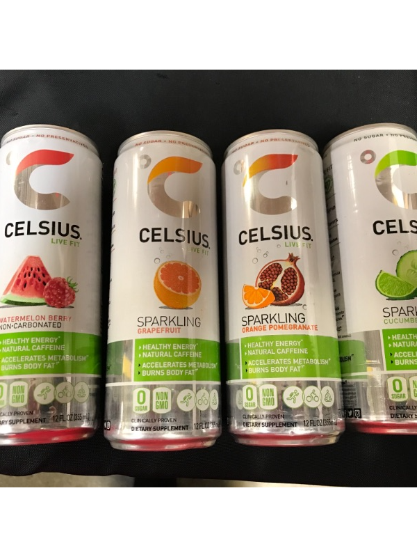 Photo 1 of Celsius Sparkling GRAPEFRUIT, ORANGE POMEGRANATE, WATERMELON BERRY, CUCUMBER LIME Energy Drink - 12 fl oz (12 CANS) 
BEST BY- 12/2022