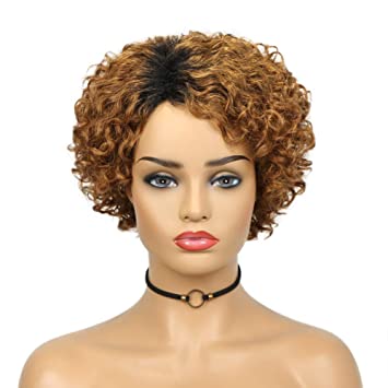 Photo 1 of Quantum Love Human Hair Wigs Curly Wave Side Part Wig Short Bob Pixie Cut Brazilian Remy Human Hair Deep Curly None Lace Front Wigs for Women Ombre Black Brown Color
