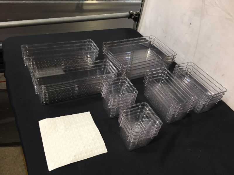 Photo 1 of 25 Pcs Drawer Organizer Set Dresser Desk Drawer Dividers - 4 Size Bathroom Vanity Cosmetic Makeup Trays - Multipurpose Clear Plastic Storage Bins for Jewelries, Kitchen Gadgets and Office Accessories
