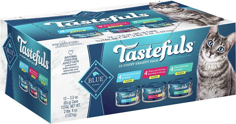 Photo 1 of Blue Buffalo Tastefuls Natural Flaked Wet Cat Food Variety Pack, Tuna, Chicken, Fish & Shrimp Entrées in Gravy 3-oz Cans (12 Count - 4 of Each Flavor)
== bb 8/18/2024