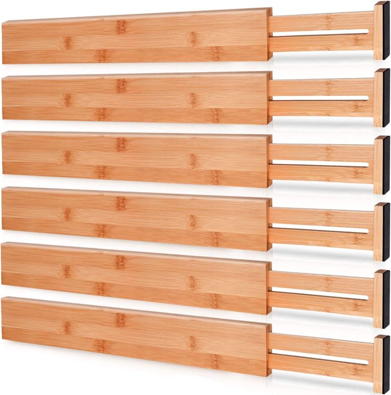 Photo 1 of Bamboo Drawer Dividers, Kitchen Drawer Organizer with Spring Loaded,Separators for Dresser,Bathroom,Office 16.5"-22" Pack of 6
