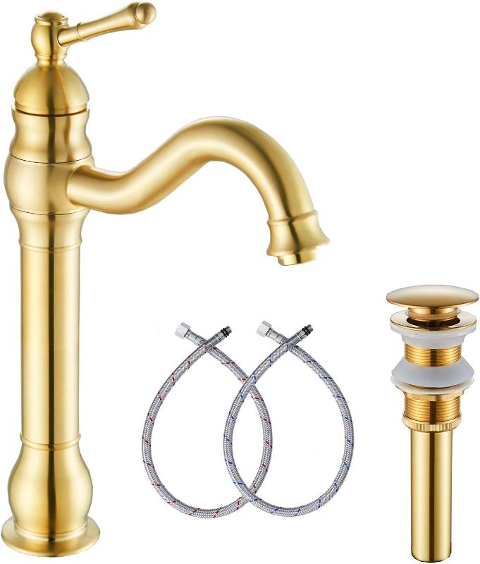 Photo 1 of BATHROOM FAUCET GGSTUDY 360 SWIVEL SINGLE HANDLE ONE HOLE BATHROOM VESSEL SINK FAUCET MATCHING POP UP DRAIN BRUSHED GOLD FARMHOUSE 