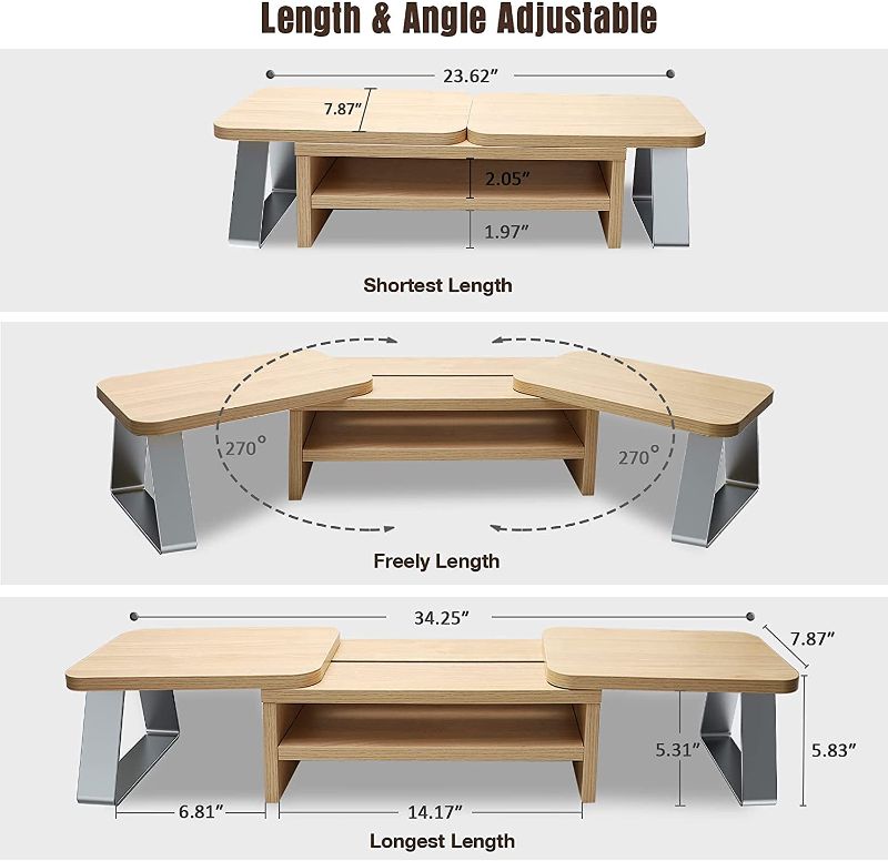 Photo 1 of JYPS Dual Monitor Stand Riser Adjustable Length and Angle Computer Monitor Shelf Desktop Stand 3 Shelf Storage Organizer Screen Stand with Drawer Monitor Stands for 2 Monitors Shelves for Office&Home
