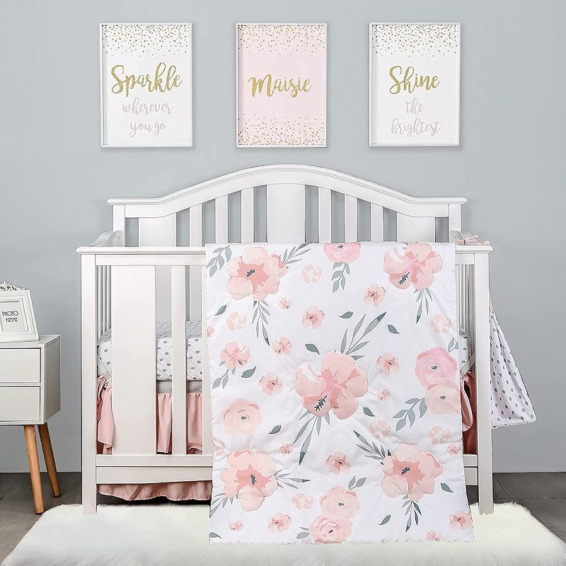 Photo 1 of 4-Piece Crib Bedding Set for Girls by PINNKKU, Baby Girl Bedding Crib Set, Cunas para Bebes, White, Blush Pink Flower Crib Skirt, Blanket, Crib Sheet and Diaper Stacker, Crib Bedding Sets for Girls
