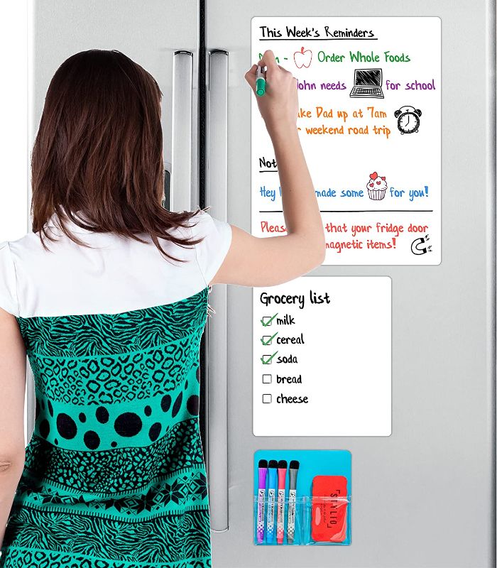 Photo 1 of STYLIO Magnetic Dry Erase White Board Set: Large & Small White Boards for Wall (mounting tape incl) & Refrigerator. Bonus Fridge Magnet Organizer Pouch, Markers & Duster. Home, Office, Kids ---FACTORY SEALED---
