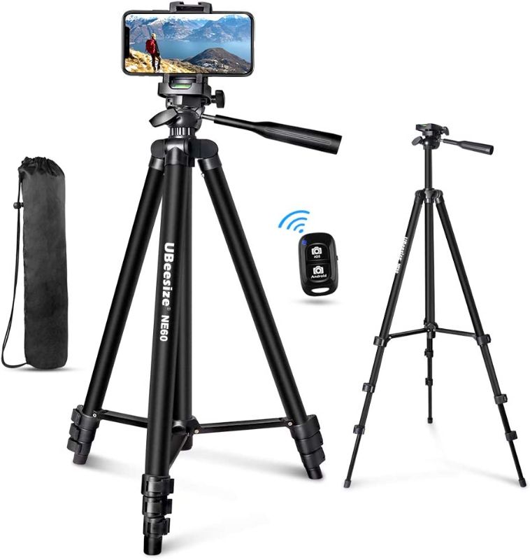 Photo 1 of UBeesize 60” Phone Tripod with Carry Bag & Cell Phone Mount Holder for Live Streaming, Extendable Travel Lightweight Tripod Stand with Smartphone Wireless Remote, Compatible with iOS/Android
