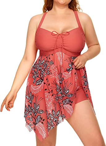 Photo 1 of Daci Plus Size Two Piece Swim Dress with Boyshorts for Women Mesh Tankini Swimsuits Flowy Bathing Suits Size Plus 24W