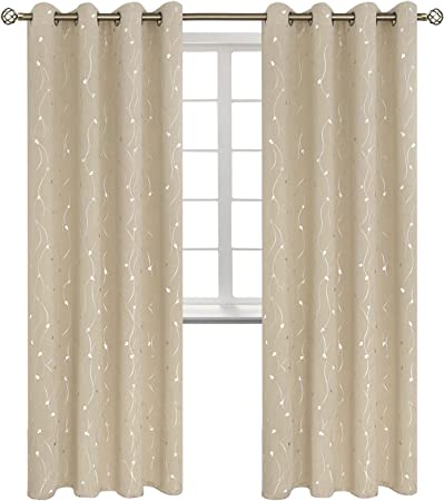 Photo 1 of BGment Blackout Curtains 84 Inch Length 2 Panels Set Grommet Thermal Insulated Room Darkening Window Curtains with Wave Line and Dots Printed for Bedroom, 52 x 84 Inch, Beige