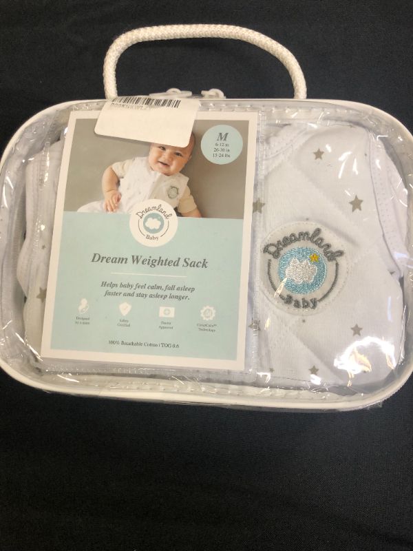 Photo 2 of Dreamland Baby Weighted Sleep Sack | Gently Weighted Sleep Sack | 100% Natural Cotton | 2-Way Zipper | Machine Washable and Dryable | White with Gray Star, MD (6-12 Mo.)