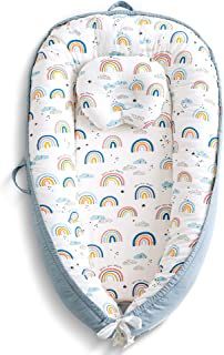 Photo 1 of Baby Lounger Baby Nest for Newborn, Cottonblue Newborn Lounger with Pillow for Travel, Bonding Time, 100% Soft Cotton Breathable and Portable Adjustable Infant Floor Seat, Baby Registry Search Rainbow