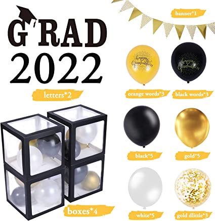 Photo 1 of 2022 Graduation Decorations Balloons Boxes Set 37PCS with "2022""GRAD",4 Black Balloons Boxes,24 Graduation Balloons and Golden Banner,Golden and Black Graduation Decorations,Graduation Party Supplies
