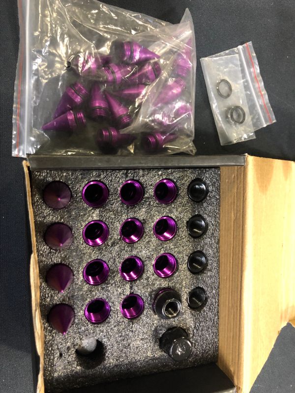 Photo 2 of 20Pcs Anti Theft Spiked Extended Tuner Wheel/Rims Lug Nuts M12X1.5+Socket (Purple)
(MISSING SOME LUG NUTS)