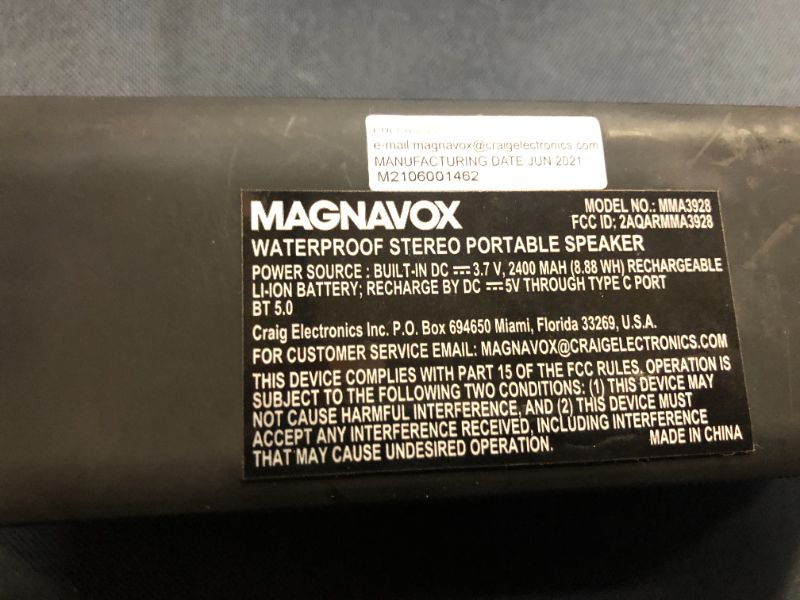 Photo 2 of Magnavox MMA3928 Waterproof Portable Bluetooth Speaker in Black | True Wireless Stereo (TWS) Bluetooth Speaker | AUX Port Supported | IP66 Waterproof and Dust Protection | (SCRATCHES ON ITEMS, MISSING CHARGER)
