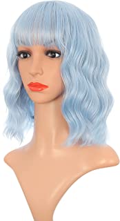 Photo 1 of Light Blue Wig, Blue Wig with Bangs for Women, Short Curly Wavy Bob Wigs for Women, Colorful Medium Length Wig, Pastel Colored Cosplay Wig for Women Girls(14"Light Blue)
