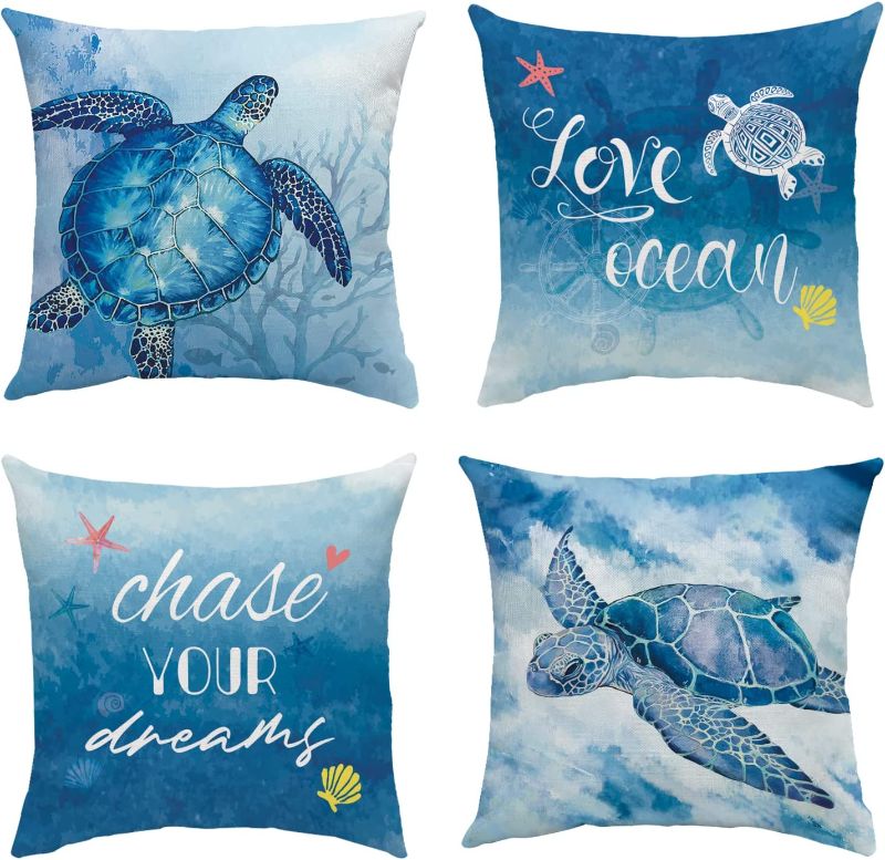 Photo 1 of DESIHOM Sea Turtle Coastal Pillow Covers 18x18 Set of 4 Beach Throw Pillow Covers with Hidden Zipper Nautical Blue Pillow Covers for Outdoor Sofa Pillow Covers Couch Linen Pillow Covers
